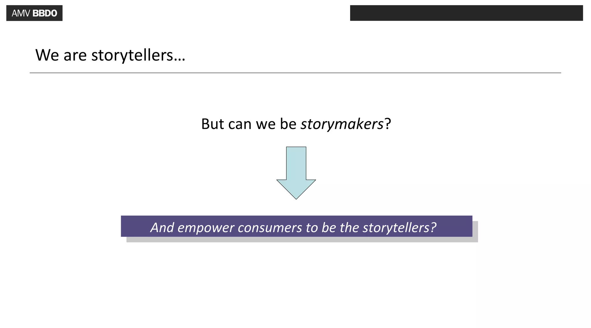 We are storytellers…


                       But can we be storymakers?




               And empower consumers to be the storytellers?
 