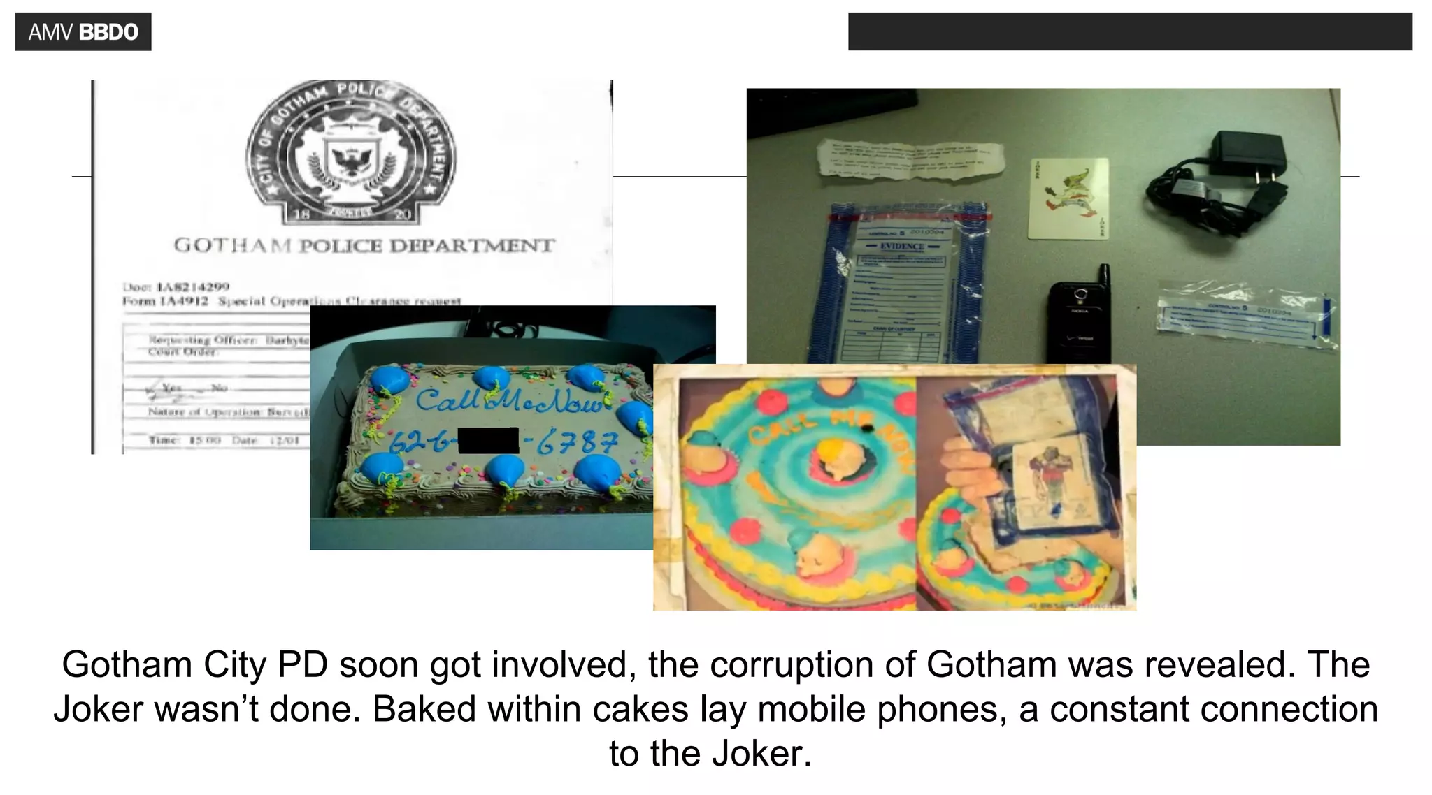 Gotham City PD soon got involved, the corruption of Gotham was revealed. The
Joker wasn’t done. Baked within cakes lay mobile phones, a constant connection
                                 to the Joker.
 