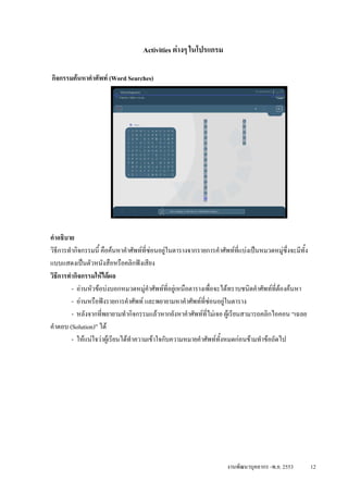 Activities ตางๆ ในโปรแกรม

กิจกรรมคนหาคําศัพท (Word Searches)




คําอธิบาย
วิธีการทํากิจกรรมนี้ คือคนหาคําศัพทที่ซอนอยูในตารางจากรายการคําศัพทที่แบงเปนหมวดหมูซ่งจะมีทั้ง
                                                                                             ึ
แบบแสดงเปนตัวหนังสือหรือคลิกฟงเสียง
วิธีการทํากิจกรรมใหไดผล
         - อานหัวขอบงบอกหมวดหมูคําศัพทที่อยูเหนือตารางเพือจะไดทราบชนิดคําศัพทที่ตองคนหา
                                                                  ่                      
         - อานหรือฟงรายการคําศัพท และพยายามหาคําศัพททซอนอยูในตาราง
                                                             ี่ 
         - หลังจากทีพยายามทํากิจกรรมแลวหากยังหาคําศัพททไมเจอ ผูเรียนสามารถคลิกไอคอน “เฉลย
                     ่                                         ี่
คําตอบ (Solution)” ได
         - ใหแนใจวาผูเรียนไดทําความเขาใจกับความหมายคําศัพททั้งหมดกอนขามทําขอถัดไป




                                                                      งานพัฒนาบุคลากร -พ.ย. 2553         12
 