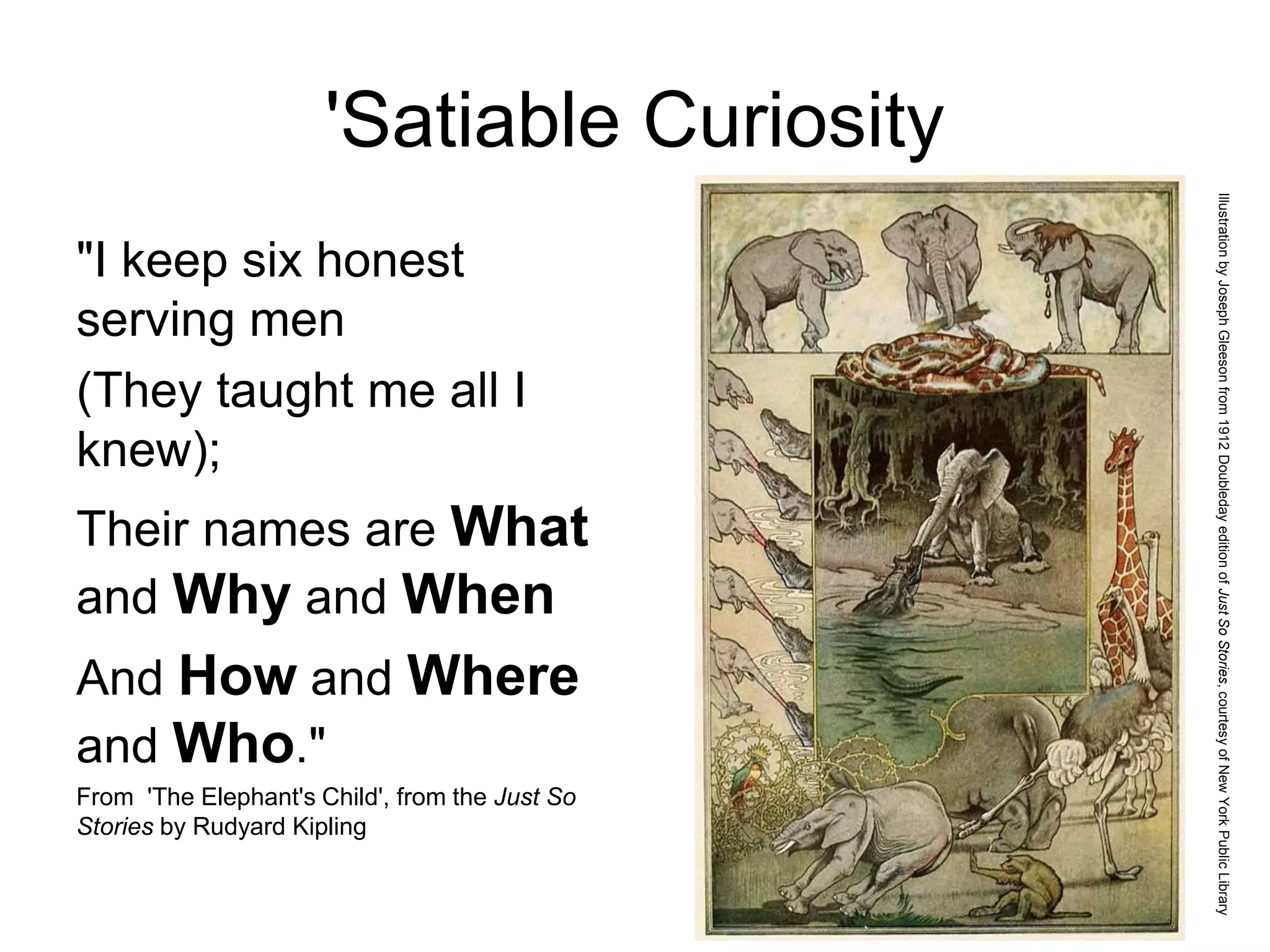 'Satiable Curiosity
"I keep six honest
serving men
(They taught me all I
knew);
Their names are What
and Why and When
And How and Where
and Who."
From 'The Elephant's Child', from the Just So
Stories by Rudyard Kipling
IllustrationbyJosephGleesonfrom1912DoubledayeditionofJustSoStories,courtesyofNewYorkPublicLibrary
 