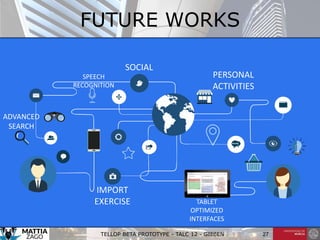 TELLOP BETA PROTOTYPE - TALC 12 - GIEßEN 27
FUTURE WORKS
SOCIAL
TABLET
OPTIMIZED
INTERFACES
ADVANCED
SEARCH
IMPORT
EXERCISE
PERSONAL
ACTIVITIES
SPEECH
RECOGNITION
 