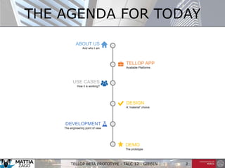 ABOUT US
And who I am
USE CASES
How it is working?
DESIGN
A “material” choice
DEVELOPMENT
The engineering point of view
2
THE AGENDA FOR TODAY
TELLOP APP
Available Platforms
TELLOP BETA PROTOTYPE - TALC 12 - GIEßEN
DEMO
The prototype
 