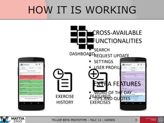 HOW IT IS WORKING
DASHBOARD
EXERCISE
HISTORY
FEATURED
EXERCISES
TELLOP BETA PROTOTYPE - TALC 12 - GIEßEN 8
CROSS-AVAILABLE
FUNCTIONALITIES
 SEARCH
 REQUEST UPDATE
 SETTINGS
 USER PROFILE
EXTRA FEATURES
 WORD OF THE DAY
 TIPS AND QUOTES
 
