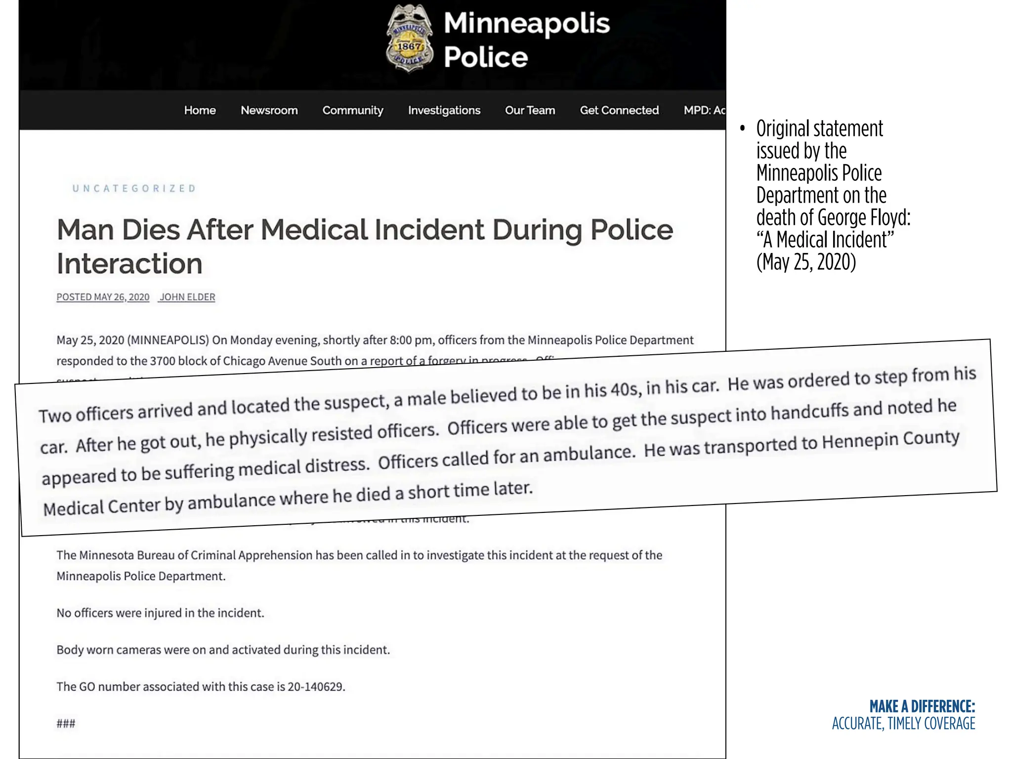 MAKE A DIFFERENCE:
ACCURATE, TIMELY COVERAGE
• Original statement
issued by the
Minneapolis Police
Department on the
death of George Floyd:
“A Medical Incident”
(May 25, 2020)
 