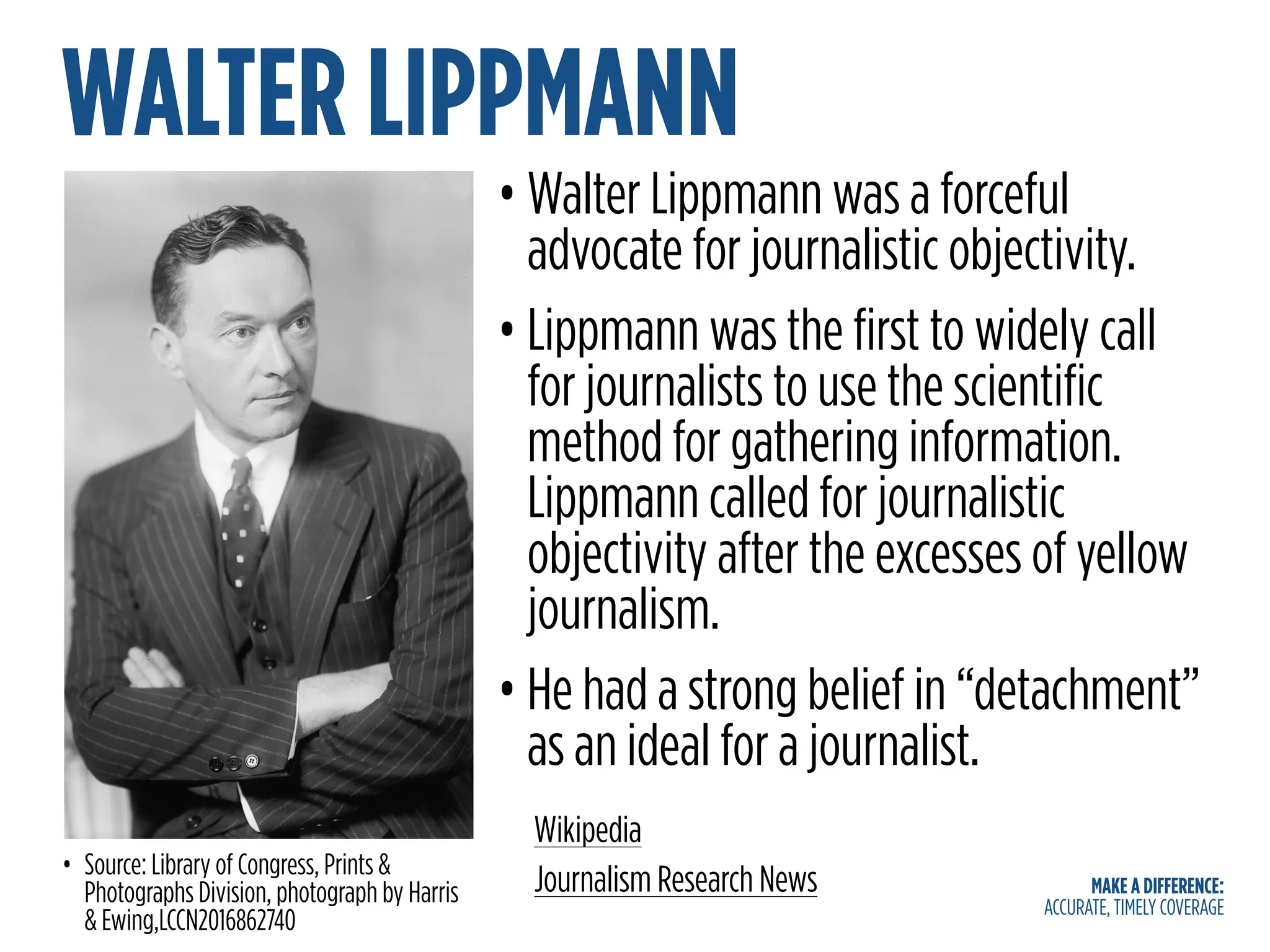 MAKE A DIFFERENCE:
ACCURATE, TIMELY COVERAGE
WALTER LIPPMANN
• Walter Lippmann was a forceful
advocate for journalistic objectivity.
• Lippmann was the first to widely call
for journalists to use the scientific
method for gathering information.
Lippmann called for journalistic
objectivity after the excesses of yellow
journalism.
• He had a strong belief in “detachment”
as an ideal for a journalist.
• Source: Library of Congress, Prints &
Photographs Division, photograph by Harris
& Ewing,LCCN2016862740
Wikipedia
Journalism Research News
 