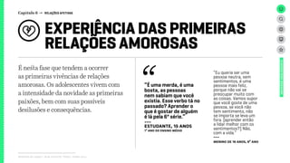 Capítulo 6 → RELAÇÕES AFETIVAS
EXPERIÊNCIA DAS PRIMEIRAS
RELAÇÕES AMOROSAS
Relatório de campo + desk research | Tellus | Junho 2015
UNIVERSOADOLESCENTE
É nesta fase que tendem a ocorrer
as primeiras vivências de relações
amorosas. Os adolescentes vivem com
a intensidade da novidade as primeiras
paixões, bem com suas possíveis
desilusões e consequências.
“É uma merda, é uma
bosta, as pessoas
nem sabiam que você
existia. Esse verbo tá no
passado? Aprender o
que é gostar de alguém
é lá pela 6ª série.”
---
ESTUDANTE, 15 ANOS
1º ANO DO ENSINO MÉDIO
“Eu queria ser uma
pessoa neutra, sem
sentimentos, é uma
pessoa mais feliz,
porque não vai se
preocupar muito com
as coisas. Vamos supor
que você goste de uma
pessoa, se você não
tem sentimento, não
se importa se leva um
fora. [aprender então
a lidar melhor com os
sentimentos?] Não,
com a vida.”
---
meninO de 16 anos, 9º ano
 