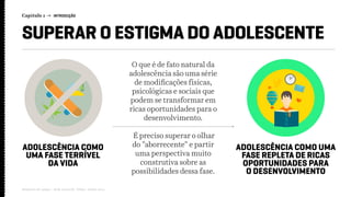 ADOLESCÊNCIA COMO
UMA FASE TERRÍVEL
DA VIDA
ADOLESCÊNCIA COMO UMA
FASE REPLETA DE RICAS
OPORTUNIDADES PARA
O DESENVOLVIMENTO
O que é de fato natural da
adolescência são uma série
de modificações físicas,
psicológicas e sociais que
podem se transformar em
ricas oportunidades para o
desenvolvimento.
É preciso superar o olhar
do "aborrecente" e partir
uma perspectiva muito
construtiva sobre as
possibilidades dessa fase.
Capítulo 1 → INTRODUÇÃO
Relatório de campo + desk research | Tellus | Junho 2015
SUPERAR O ESTIGMA DO ADOLESCENTE
 