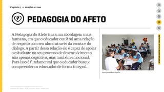 PEDAGOGIA DO AFETO
A Pedagogia do Afeto traz uma abordagem mais
humana, em que o educador constroi uma relação
de respeito com seu aluno através da escuta e do
diálogo. A partir dessa relação ele é capaz de apoiar
o estudante no seu processo de desenvolvimento
não apenas cognitivo, mas também emocional.
Para isso é fundamental que o educador busque
compreender os educandos de forma integral.
Relatório de campo + desk research | Tellus | Junho 2015
OPORTUNIDADESPARAAEDUCAÇÃO
Capítulo 5 → RELAÇÕES AFETIVAS
www.jornalalerta.com.br
 