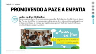 PROMOVENDO A PAZ E A EMPATIA
2007
Aulas en Paz (Colômbia)
Programa de redução da agressividade em escolas da Colômbia. Os objetivos do Aulas
En Paz são identificar os casos de agressão e desenvolver atitudes de empatia, postura
crítica com relação às crenças que legitimam a agressividade por meio de oficinas,
sessões de jogos em pares, visitas.
Relatório de campo + desk research | Tellus | Junho 2015
CASES
Capítulo 8 → VIOLÊNCIA
 