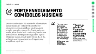 Relatório de campo + desk research | Tellus | Junho 2015
Outra característica marcante dos adolescentes
com a música é o forte envolvimento que
estabelecem com seus ídolos musicais, uma
relação pautada por reproduções de posturas,
moda, jeitos de ser, bem como relações afetivas
e emocionais. Entre garotos e garotas, alguns
chegam a passar grande parte de seu dia-a-dia
voltados ao acompanhamento dos passos de
seus ídolos musicais.
FORTE ENVOLVIMENTO
COM ÍDOLOS MUSICAIS
UNIVERSOADOLESCENTE
“Eu sou uma
Guinática,
eu sigo o MC
Gui. Eu passo
o dia inteiro
fazendo isso.
A gente tem
um fã clube
das Guináticas
no WhatsApp.”
---
alunA DO 8º ANO
DO ENSINO
FUNDAMENTAL
DA REDE PÚBLICA
“Quem eu
admiro?
Eu admiro
o MC Gui.
Eu sou uma
Guinática.”
---
alunA DO 6º ANO
DO ENSINO FUNDAMENTAL
DA REDE PÚBLICA
Capítulo 11 → MÚSICA
 