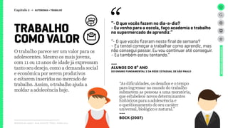 Relatório de campo + desk research | Tellus | Junho 2015
“As dificuldades, os desafios e o tempo
para ingressar no mundo do trabalho
submetem as pessoas a uma moratória,
que estabelece novos determinantes
históricos para a adolescência e
o questionamento do seu caráter
universal, biológico e natural.”
---
Bock (2007)
O trabalho parece ser um valor para os
adolescentes. Mesmo os mais jovens,
com 11 ou 12 anos de idade já expressam
tanto seu desejo, como a demanda social
e econômica por serem produtivos
e estarem inseridos no mercado de
trabalho. Assim, o trabalho ajuda a
moldar a adolecência hoje.
TRABALHO
COMO VALOR
“- O que vocês fazem no dia-a-dia?
- Eu venho para a escola, faço academia e trabalho
no supermercado de aprendiz.”
“- O que vocês fizeram neste final de semana?
- Eu tentei começar a trabalhar como aprendiz, mas
não consegui passar. Eu vou continuar até conseguir.
- Eu também estou tentando.”
---
ALUNOS DO 8º ANO
dO Ensino Fundamental 2 da rede estadual de São Paulo
UNIVERSOADOLESCENTE
Capítulo 2 → AUTONOMIA > TRABALHO
 