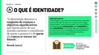 O QUE É IDENTIDADE?
Relatório de campo + desk research | Tellus | Junho 2015
Capítulo 3 → IDENTIDADE
UNIVERSOADOLESCENTE
“A identidade descreve o
conjunto de crenças e
objetivos significativos
que fazem parte de um
sentido coerente e consistente
de quem a pessoa é e de quem
ela espera se tornar no
futuro”.
---
Bronk (2011)
IMPORTANTE
A identidade é uma teoria constantemente colocada
à prova, da qual faz parte um conjunto de crenças
denominadas “autorreferenciadas” por Loos (2003)
e composta pelo autoconceito, pela autoestima e
pela autoeficácia. A interação dessas crenças entre
si e de acordo com a regulação do comportamento
em diversos contextos, a identidade facilita o
desenvolvimento do adolescente.
IDENTIDADE
LEVA À REFLEXÃO
Se considerar
cansado e desejar
emagrecer
Metáfora:
 