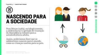 NASCENDO PARA
A SOCIEDADE
Capítulo 4 → NASCER PARA O MUNDO
Relatório de campo + desk research | Tellus | Junho 2015
UNIVERSOADOLESCENTE
Para Muuss (1969), sociologicamente,
a adolescência é o período de transição
da dependência infantil para a
autossuficiência adulta.
Assim, poderíamos dizer que os
adolescentes nascem para o mundo,
como as crianças nascem para os pais.
 