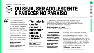 OU SEJA, SER ADOLESCENTE
É PADECER NO PARAÍSO
Capítulo 4 → NASCER PARA O MUNDO
Relatório de campo + desk research | Tellus | Junho 2015
UNIVERSOADOLESCENTE
“Eu sou adolescente
com coração de criança.
[adolescência] É a aventura
da vida, a parte mais legal,
que pode sair mais, fazer
mais o que quiser. A criança
as vezes consegue ser
mais madura e é boazinha.
O adolescente tem meio a
ver com a criança porque é
bobo, alegre e engraçado.”
---
ALUNA DE 13 ANOS
DO 9º ANO
dO Ensino Fundamental da rede
estadual de São Paulo
“É a época que tá conhecendo você, seu corpo e seus
sentimento. Você se conhece, tem o primeiro amor e é
mais sentimental. Depois você se ferra e percebe a merda
do mundo e se fecha numa armadura.”
---
ALUNA DE 15 ANOS DO 1º ANO
dO Ensino médio da rede pública de São Paulo
“É um saco, porque a gente vive errando e
nossos pais vivem dizendo que era pra fazer
outra coisa e eles dão outro conselho e você
faz a coisa errado de novo e aí vai … e crescer
também é muito chato, e acordar cedo é muito
chato e saber que daqui a pouco você vai ter que
trabalhar e acordar cedo pra ira pra faculdade,
vai dando uma canseira, é um saco. Mas é legal
ser adolescente porque você aprende coisas
novas e você vai se preparando pra vida.”
---
ALUNA DE 15 ANOS DO 1º ANO
dO Ensino médio da rede pública de São Paulo
“Ser adolescente é
viver como se não
fosse existir amanhã
e é também não ter
responsabilidade e
hoje é embaçado...”
---
ALUNo DE 15 ANOS
DO 1º ANO
dO Ensino médio da rede
pública de São Paulo
“A maioria
gosta
de sair e
conhecer
coisas
novas, é
curioso.”
---
ALUNo DE 16 ANOS
DO 9º ANO
dO Ensino Fundamental
da rede estadual de São Paulo
 