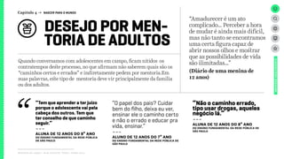 DESEJO POR MEN-
TORIA DE ADULTOS
Capítulo 4 → NASCER PARA O MUNDO
Relatório de campo + desk research | Tellus | Junho 2015
UNIVERSOADOLESCENTE
Quando conversamos com adolescentes em campo, ficam nítidos os
contratempos deste processo, no que afirmam não saberem quais são os
“caminhos certos e errados” e indiretamente pedem por mentoria.Em
suas palavras, este tipo de mentoria deve vir principalmente da família
ou dos adultos.
“Tem que aprender a ter juízo
porque o adolescente vai pela
cabeça dos outros. Tem que
ter conselho de que caminho
seguir.”
---
ALUNA DE 12 ANOS DO 8º ANO
dO Ensino FUNDAMENTAL da rede pública
de São Paulo
“Não o caminho errado,
tipo usar drogas, aqueles
negócio lá.”
---
ALUNA DE 12 ANOS DO 8º ANO
dO Ensino FUNDAMENTAL da rede pública de
São Paulo
“O papel dos pais? Cuidar
bem do filho, deixa eu ver,
ensinar ele o caminho certo
e não o errado e educar pra
vida, ensinar.”
---
ALUNO DE 12 ANOS DO 7º ANO
dO Ensino FUNDAMENTAL da rede pública de
São Paulo
“Amadurecer é um ato
complicado… Perceber a hora
de mudar é ainda mais difícil,
mas não tanto se encontramos
uma certa figura capaz de
abrir nossos olhos e mostrar
que as possibilidades de vida
são ilimitadas…”
(Diário de uma menina de
12 anos)
 