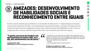 AMIZADES: DESENVOLVIMENTO
DE HABILIDADES SOCIAIS E
RECONHECIMENTO ENTRE IGUAIS
Capítulo 4 → NASCER PARA O MUNDO
Relatório de campo + desk research | Tellus | Junho 2015
UNIVERSOADOLESCENTE
É neste contexto também que percebemos um movimento de afastamento e “independização emocional”,
num primeiro momento, dos pais e uma aproximação aos grupos de amigos. Os grupos de amigos exercem
inúmeras funções durante a adolescência, dentre eles o desenvolvimento de habilidades sociais. É entre os
amigos que eles se sentem confortáveis para falar sobre “seus assuntos”, pois estão entre iguais.
“A gente conversa de futebol e do
que acontece na nossa vida, eu e
ele, dos sentimentos um do outro.”
---
ALUNO DO 9º ANO
DIRETAMENTE DA SALA DA DIREÇão da escola
- Criança tem uma vida nova e entende mais a gente do que os
adultos. Os adultos tiverem uma infância extraordinária, mas não
contam as histórias! Eu tenho VERGONHA de adulto, não sei dizer.
Tem muito adolescente vergonhoso
- Tímido?
- Isso, essa palavra que eu queria achar.”
---
ALUNO DE 12 ANOS DO 7º ANO
dO Ensino FUNDAMENTAL da rede pública de São Paulo
 