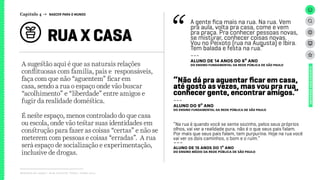 Relatório de campo + desk research | Tellus | Junho 2015
A sugestão aqui é que as naturais relações
conflituosas com família, pais e responsáveis,
faça com que não “aguentem” ficar em
casa, sendo a rua o espaço onde vão buscar
“acolhimento” e “liberdade” entre amigos e
fugir da realidade doméstica.
É neste espaço, menos controlado do que casa
ou escola, onde vão testar suas identidades em
construção para fazer as coisas “certas” e não se
meterem com pessoas e coisas “erradas”. A rua
será espaço de socialização e experimentação,
inclusive de drogas.
RUA X CASA
UNIVERSOADOLESCENTE
Capítulo 4 → NASCER PARA O MUNDO
A gente fica mais na rua. Na rua. Vem
pra aula, volta pra casa, come e vem
pra praça. Pra conhecer pessoas novas,
se misturar, conhecer coisas novas.
Vou no Peixoto [rua na Augusta] e Ibira.
Tem balada e festa na rua.”
---
ALUNO DE 14 ANOS DO 6º ANO
dO Ensino FUNDAMENTAL da rede pública de São Paulo
“Não dá pra aguentar ficar em casa,
até gosto as vezes, mas vou pra rua
conhecer gente, encontrar amigos.”
---
ALUNO DO 9º ANO
dO Ensino FUNDAMENTAL da rede pública de São Paulo
“Na rua é quando você se sente sozinho, pelos seus próprios
olhos, vai ver a realidade pura, não é o que seus pais falam.
Por mais que seus pais falam, tem purpurina. Hoje na rua você
vai ver os dois caminhos, o bom e o ruim.”
---
ALUNo DE 15 ANOS DO 1º ANO
dO Ensino médio da rede pública de São Paulo
 