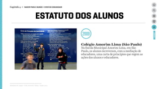 ESTATUTO DOS ALUNOS
2009
Relatório de campo + desk research | Tellus | Junho 2015
CASES
Colégio Amorim Lima (São Paulo)
Na Escola Municipal Amorim Lima, em São
Paulo, os alunos escreveram, com a mediação de
educadores, uma carta de princípios que regem as
ações dos alunos e educadores.
Capítulo 4 → NASCER PARA O MUNDO > VIVER EM COMUNIDADE
 