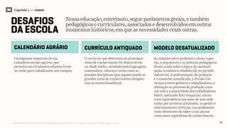 Relatório de Currículo e Práticas Pedagógicas | Desk research + entrevistas + grupo de trabalho | Agosto / 2015
Capítulo 1 → CENÁRIO
DESAFIOS
DA ESCOLA
Nossaeducação,entretanto,segueparâmetrosgerais,etambém
pedagógicosecurriculares,associadosedesenvolvidosemoutros
momentoshistóricos,emqueasnecessidadeseramoutras.
Carregamos resquícios de um
calendário escolar agrário, que
permitia aos estudantes estarem livres
no verão para trabalharem nos campos;
O currículo que determina as principais
áreas de conhecimento foi desenvolvido
na idade média, estabelecendo linguagem,
matemática, ciências e artes como as
grandes disciplinas (que seguem sendo as
grandes áreas de conhecimento obrigató-
rias no ensino brasileiro);
As relações entre professor e aluno, a ges-
tão, a arquitetura e as práticas pedagógicas
dizem ainda sobre a lógica da racionali-
zação econômica estabelecida no período
industrial. A padronização da produção
e o consumo massificado, a divisão hie-
rárquica entre gerência e trabalhadores, a
alienação ao processo de produção como
um todo e a passividade dos trabalhadores
fabris, operando feito máquinas, encon-
tram equivalência nas salas de aula orde-
nadas por carteiras alinhadas, na gestão e
relacionamento verticais, nos professores
como detentores do saber e nos alunos
como mero repetidores de conhecimento.
CALENDÁRIO AGRÁRIO CURRÍCULO ANTIQUADO MODELO DESATUALIZADO
10
 