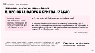 103Relatório de Currículo e Práticas Pedagógicas | Desk research + entrevistas + grupo de trabalho | Agosto / 2015
Capítulo 6 → A BASE NACIONAL COMUM
5. Regionalidades X Centralização
Atentar para a
prevalência da base
sobre os conteúdos de
pertinência local, que
hoje já ocorre por:
desafios para esta nova etapa da educação básica
1. Termos materiais didáticos de abrangência nacional;
2. Ser uma tendência nos anos finais do Ensino Fundamental que os
Estados sigam os documentos que pautam políticas centrais como os PCN
e as Diretrizes Curriculares Nacionais em detrimento ao aprofundamento
da parte diversificada do currículo.
“Para o negro e o índio serem respeitados e melhor conhecidos, sua cultura
deve ser trabalhada em todas as escolas. Temas como homofobia e defesa
dos direitos das mulheres também precisam ser debatidos por todos.”
---
Elba Siqueira de Sá Barreto
professora da USP e consultora
Fonte: Pesquisa Cenpec
 