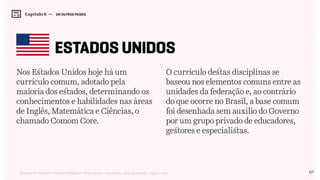 117Relatório de Currículo e Práticas Pedagógicas | Desk research + entrevistas + grupo de trabalho | Agosto / 2015
Nos Estados Unidos hoje há um
currículo comum, adotado pela
maioria dos estados, determinando os
conhecimentos e habilidades nas áreas
de Inglês, Matemática e Ciências, o
chamado Comom Core.
O currículo destas disciplinas se
baseou nos elementos comuns entre as
unidades da federação e, ao contrário
do que ocorre no Brasil, a base comum
foi desenhada sem auxílio do Governo
por um grupo privado de educadores,
gestores e especialistas.
estados unidos
Capítulo 6 →   EM OUTROS PAÍSES
 