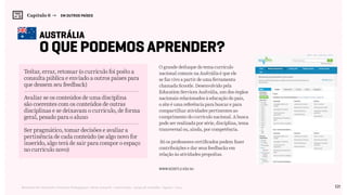 121Relatório de Currículo e Práticas Pedagógicas | Desk research + entrevistas + grupo de trabalho | Agosto / 2015
austrália
o que podemos aprender?
Testar, errar, retomar (o currículo foi posto a
consulta pública e enviado a outros países para
que dessem seu feedback)
Avaliar se os conteúdos de uma disciplina
são coerentes com os conteúdos de outras
disciplinas e se deixavam o currículo, de forma
geral, pesado para o aluno
Ser pragmático, tomar decisões e avaliar a
pertinência de cada conteúdo (se algo novo for
inserido, algo terá de sair para compor o espaço
no currículo novo)
O grande destaque do tema currículo
nacional comum na Austrália é que ele
se faz vivo a partir de uma ferramenta
chamada Scootle. Desenvolvido pela
Education Services Austrália, um dos órgãos
nacionais relacionados à educação do país,
o site é uma referência para buscar e para
compartilhar atividades pertinentes ao
cumprimento do currículo nacional. A busca
pode ser realizada por série, disciplina, tema
transversal ou, ainda, por competência.
Só os professores certificados podem fazer
contribuições e dar seus feedbacks em
relação às atividades propostas.
www.scootle.edu.au
Capítulo 6 →   EM OUTROS PAÍSES
 