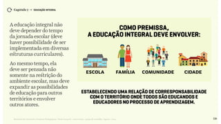 126Relatório de Currículo e Práticas Pedagógicas | Desk research + entrevistas + grupo de trabalho | Agosto / 2015
Capítulo 7 → EDUCAÇÃO INTEGRAL
A educação integral não
deve depender do tempo
da jornada escolar (deve
haver possibilidade de ser
implementada em diversas
estruturas curriculares).
Ao mesmo tempo, ela
deve ser pensada não
somente na restrição do
ambiente escolar, mas deve
expandir as possibilidades
de educação para outros
territórios e envolver
outros atores.
Estabelecendo uma relação de corresponsabilidade
com o território onde todos são educandos e
educadores no processo de aprendizagem.
Como premissa,
a Educação Integral deve envolver:
ESCOLA FAMÍLIA COMUNIDADE CIDADE
 
