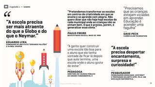Capítulo 1 → CENÁRIO
19Relatório de Currículo e Práticas Pedagógicas | Desk research + entrevistas + grupo de trabalho | Agosto / 2015
“A escola precisa
ser mais atraente
do que a Globo e do
que o Neymar.”
“Pretendemos transformar as escolas
em centros de criatividade em que se
ensine e se aprende com alegria. Não
quero dizer que não haja hoje escolas da
rede municipal onde as crianças não se
sintam bem. O que é preciso, porém, é
generalizar esse clima.”
“A gente quer construir
uma escola tão boa para
o aluno que ele tenha
vontade de ficar lá depois
que aula termina, uma
escola onde o aluno goste
de estar.”
“Precisamos
que as crianças
estejam viciadas
em aprender.
Educação é
acender uma
fagulha”
“A escola
precisa despertar
encantamento,
surpresa e
curiosidade!”
---
EDUARDO LYRA
fundador DO INSTITUTO ‘GERANDO Falcões’
e Global Shaper
---
PAULO FREIRE
revista Nova Escola, maio de 1989
---
PEDAGOGA
diretora de colégio público
dO ENSINO fundamental II
---
dAVE PECK
Curriculum Foundation
---
pesquisador
Pesquisador Associado JoyStreet
e Professor Adjunto UFPE. Ph.D. em
Educação Matemática.
 
