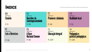 2
ÍNDICE
Relatório de Currículo e Práticas Pedagógicas | Desk research + entrevistas + grupo de trabalho | Agosto / 2015
CAPÍTULO 8
CAPÍTULO 4CAPÍTULO 3CAPÍTULO 2CAPÍTULO 1
CAPÍTULO 6CAPÍTULO 5 CAPÍTULO 7
Pedagogiae
práticaspedagógicas
RealidadelocalPromovercidadaniaQuestõesda
contemporaneidade
Cenário
ABase
NacionalComum
LeiseDiretrizes EducaçãoIntegral
P. 128
P. 51P. 46P. 28P. 5
P. 92P. 56 P. 124
índice
CLIQUE PARA ACESSAR O CAPÍTULO DESEJADO DIRETAMENTE
 