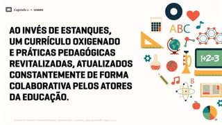 Capítulo 1 → CENÁRIO
26Relatório de Currículo e Práticas Pedagógicas | Desk research + entrevistas + grupo de trabalho | Agosto / 2015
Ao invés de estanques,
um currículo oxigenado
e práticas pedagógicas
revitalizadas, atualizados
constantemente de forma
colaborativa pelos atores
da educação.
 