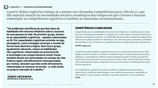 34Relatório de Currículo e Práticas Pedagógicas | Desk research + entrevistas + grupo de trabalho | Agosto / 2015
A partir destas urgências começa-se a pensar nas chamadas competências para o Século 21, que
dão especial atenção às necessidades sociais e econômicas dos tempos em que vivemos e buscam
contemplar as competências cognitivas e também as chamadas socioemocionais.
Competências são as modalidades estruturais da inteligência, ou melhor, ações e opera-
ções que utilizamos para estabelecer relações com e entre objetos, situações, fenômenos e
pessoas que desejamos conhecer. As habilidades decorrem das competências adquiridas e
referem-se ao plano imediato do ‘saber fazer’. Por meio das ações e operações, as habilida-
des aperfeiçoam-se e articulam-se, possibilitando nova reorganização das competências .
(INEP, 1999, p.7).
O Instituto Inspirare define competências como um conjunto de conhecimentos, habi-
lidades, valores e atitudes articulados e mobilizados para o enfrentamento de situações
problema. A capacidade de mobilizar estas competências pode se referir aos aspectos
cognitivos, aos emocionais ou na articulação de ambos. Este conceito difere da conceitu-
ação tradicional que remete competência a um recurso restrito a mobilização de compe-
tências cognitivas.
As competências cognitivas não apenas refletem a amplitude do conhecimento
adquirido ou a rapidez da aprendizagem, mas também representam a capacidade de
“dar sentido” a uma situação e descobrir o que fazer diante de um novo problema.
(IAS)
“Há evidências científicas de que dois tipos de
habilidade têm enorme influência sobre o sucesso
de uma pessoa na vida. No primeiro grupo, situam-
se as capacidades cognitivas - aquelas relacionadas
ao QI. Por capacidades cognitivas entenda-se algo
abrangente, como conseguir enxergar o mundo de
forma mais abstrata e lógica. Num outro grupo,
igualmente relevante, coloco as habilidades
não cognitivas, relacionadas ao autocontrole,
à motivação e ao comportamento social. Essas
também devem ser estimuladas no começo da vida.
Embora sejam cientificamente menosprezadas
por muitos, descobri que elas estão diretamente
relacionadas ao sucesso na escola - e, mais tarde,
no próprio mercado de trabalho.”
---
James Heckman
entrevista à revista VejA
Competências X Habilidades
Capítulo 2 → QUESTÕES DA CONTEMPORANEIDADE
 