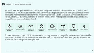 39Relatório de Currículo e Práticas Pedagógicas | Desk research + entrevistas + grupo de trabalho | Agosto / 2015
No Brasil a OCDE, por meio do seu Centro para Pesquisa e Inovação Educacional (CERI), realiza uma
parceria com o Instituto Ayrton Senna para desenvolver um projeto piloto de medição de competências
não cognitivas em alunos da rede pública brasileira (vide case Ensino Médio das Escolas Estaduais do
Rio de Janeiro). O Instituto, por meio de estudos com diversos outros parceiros definiu quais seriam as
competências para século 21 no Brasil:
É importante que o próprio IAS chama atenção para o ponto que as competências devem ser desenvolvidas
de acordo com as necessidades identificadas em cada escola ou território, bem como pelo seu impacto no
aprendizado das competências cognitivas.
Autoconhe-
cimento
ComunicaçãoAbertura
ao novo
Resolução de
problemas
Colaboração Pensamento
crítico
Responsa-
bilidade
criatividade
Capítulo 2 → QUESTÕES DA CONTEMPORANEIDADE
 