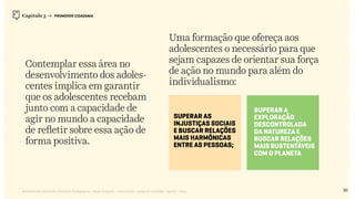 Relatório de Currículo e Práticas Pedagógicas | Desk research + entrevistas + grupo de trabalho | Agosto / 2015
Contemplar essa área no
desenvolvimento dos adoles-
centes implica em garantir
que os adolescentes recebam
junto com a capacidade de
agir no mundo a capacidade
de refletir sobre essa ação de
forma positiva.
Uma formação que ofereça aos
adolescentes o necessário para que
sejam capazes de orientar sua força
de ação no mundo para além do
individualismo:
Capítulo 3 → PROMOVER CIDADANIA
50
SUPERAR AS
INJUSTIÇAS SOCIAIS
E BUSCAR RELAÇÕES
MAIS HARMÔNICAS
ENTRE AS PESSOAS;
SUPERAR A
EXPLORAÇÃO
DESCONTROLADA
DA NATUREZA E
BUSCAR RELAÇÕES
MAISSUSTENTÁVEIS
COM O PLANETA
 