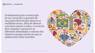 Relatório de Currículo e Práticas Pedagógicas | Desk research + entrevistas + grupo de trabalho | Agosto / 2015
Fundamental para a construção
de um currículo é a garantia de
uma parte flexível para abarcar as
realidades locais. Além de oferecer
uma base comum a todos, o currículo
deve respeitar e promover as
diferentes identidades e culturas dos
inúmeros grupos sociais em que os
adolescentes estão inseridos.
Capítulo 4 → REALIDADE LOCAL
52
 