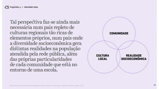 Relatório de Currículo e Práticas Pedagógicas | Desk research + entrevistas + grupo de trabalho | Agosto / 2015
Tal perspectiva faz-se ainda mais
necessária num país repleto de
culturas regionais tão ricas de
elementos próprios, num país onde
a diversidade socioeconômica gera
distintas realidades na população
atendida pela rede pública, além
das próprias particularidades
de cada comunidade que está no
entorno de uma escola.
53
COMUNIDADE
CULTURA
LOCAL
REALIDADE
SOCIOECONÔMICA
Capítulo 4 → REALIDADE LOCAL
 