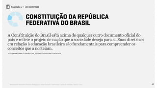 62Relatório de Currículo e Práticas Pedagógicas | Desk research + entrevistas + grupo de trabalho | Agosto / 2015
Capítulo 5 → LEIS E DIRETRIZES
Constituição da República
Federativa do Brasil
A Constituição do Brasil está acima de qualquer outro documento oficial do
país e reflete o projeto de nação que a sociedade deseja para si. Suas diretrizes
em relação à educação brasileira são fundamentais para compreender os
conceitos que a norteiam.
http://www.planalto.gov.br/ccivil_03/Constituicao/Constituicao.htm
 