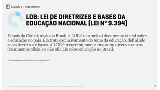 66Relatório de Currículo e Práticas Pedagógicas | Desk research + entrevistas + grupo de trabalho | Agosto / 2015
Capítulo 5 → LEIS E DIRETRIZES
LDB: Lei de Diretrizes e Bases da
Educação Nacional (Lei nº 9.394)
Depois da Constituição do Brasil, a LDB é o principal documento oficial sobre
a educação no país. Ela trata exclusivamente do tema da educação, definindo
suas diretrizes e bases. A LDB é recorrentemente citada em diversos outros
documentos oficiais e não oficiais sobre educação no Brasil.
http://www.planalto.gov.br/ccivil_03/leis/l9394.htm
 