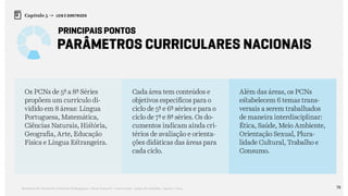 78Relatório de Currículo e Práticas Pedagógicas | Desk research + entrevistas + grupo de trabalho | Agosto / 2015
Capítulo 5 → LEIS E DIRETRIZES
Parâmetros Curriculares Nacionais
Os PCNs de 5ª a 8ª Séries
propõem um currículo di-
vidido em 8 áreas: Língua
Portuguesa, Matemática,
Ciências Naturais, História,
Geografia, Arte, Educação
Física e Língua Estrangeira.
Cada área tem conteúdos e
objetivos específicos para o
ciclo de 5ª e 6ª séries e para o
ciclo de 7ª e 8ª séries. Os do-
cumentos indicam ainda cri-
térios de avaliação e orienta-
ções didáticas das áreas para
cada ciclo.
Além das áreas, os PCNs
estabelecem 6 temas trans-
versais a serem trabalhados
de maneira interdisciplinar:
Ética, Saúde, Meio Ambiente,
Orientação Sexual, Plura-
lidade Cultural, Trabalho e
Consumo.
principais pontos
 