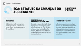81Relatório de Currículo e Práticas Pedagógicas | Desk research + entrevistas + grupo de trabalho | Agosto / 2015
Capítulo 5 → LEIS E DIRETRIZES
ECA: Estatuto da Criança e do
Adolescente
IGUALDADE
O Estatuto reafirma o princí-
pio de igualdade, o direito de
todos terem acesso à educação
de qualidade.
Ressalta a importância de abrir
espaços aos alunos para pode-
rem participar da vida escolar:
criarem suas entidades estu-
dantis, defender seus direitos,
poder inclusive contestar crité-
rios avaliativos.
Abole a concepção de castigos
físicos ou tratamento degradan-
te como práticas toleráveis de
educação, levando os agentes
educativos a buscarem melho-
res caminhos para lidar com
conflitos.
PROPORCIONAR A
PARTICIPAÇÃO DO ALUNO RESPEITAR O ALUNO
principais
pontos
 