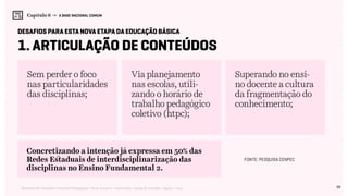 99Relatório de Currículo e Práticas Pedagógicas | Desk research + entrevistas + grupo de trabalho | Agosto / 2015
Capítulo 6 → A BASE NACIONAL COMUM
1. Articulação de conteúdos
Sem perder o foco
nas particularidades
das disciplinas;
Concretizando a intenção já expressa em 50% das
Redes Estaduais de interdisciplinarização das
disciplinas no Ensino Fundamental 2.
Via planejamento
nas escolas, utili-
zando o horário de
trabalho pedagógico
coletivo (htpc);
Superando no ensi-
no docente a cultura
da fragmentação do
conhecimento;
desafios para esta nova etapa da educação básica
Fonte: Pesquisa Cenpec
 