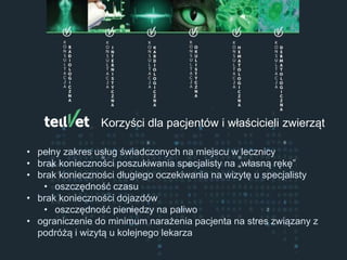 Centrum Telemedycyny Weterynaryjnej
Konsultacje Specjalistyczne
Korzyści dla pacjentów i właścicieli zwierząt
• pełny zakres usług świadczonych na miejscu w lecznicy
• brak konieczności poszukiwania specjalisty na „własną rękę”
• brak konieczności długiego oczekiwania na wizytę u specjalisty
• oszczędność czasu
• brak konieczności dojazdów
• oszczędność pieniędzy na paliwo
• ograniczenie do minimum narażenia pacjenta na stres związany z
podróżą i wizytą u kolejnego lekarza
 