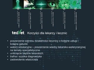 Centrum Telemedycyny Weterynaryjnej
Konsultacje Specjalistyczne
Korzyści dla lekarzy i lecznic
• poszerzenie zakresu działalności lecznicy o kolejne usługi i
kolejne gatunki
• walory edukacyjne – poszerzenie wiedzy lekarsko-weterynaryjnej
na tematy specjalistyczne
• uniknięcie błędów lekarskich
• trafna i szybka diagnostyka
• zadowolenie właściciela
 