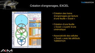 Création d’engrenages, EXCEL 
• Création des trains 
d’engrenages par lecture 
d’une feuille « Excel » 
• Création d’une feuille 
« Excel » à partir d’une 
cinématique 
• Associativité des cellules 
« Excel » avec les attributs 
TellWATCH 
 