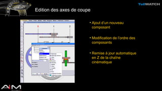 Edition des axes de coupe 
• Ajout d’un nouveau 
composant 
• Modification de l’ordre des 
composants 
• Remise à jour automatique 
en Z de la chaîne 
cinématique 
 