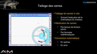 Taillage des cames 
• Taillage de cames in situ 
• Suivant l’exécution de la 
cinématique du marteau 
• Génération de cames 
• Par lecture de fichiers 
points 
• Par formules 
mathématiques 
• Conversion automatique 
• En splines 
• En arcs 
 