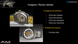 Imagerie / Rendu réaliste 
• Imagerie de synthèse: 
• Choix des matières 
• Choix des textures 
• Choix des éclairages 
• Calcul par raytracing 
• Création de scènes: 
• Formats vidéo 
 