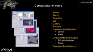Composants horlogers 
• Roues 
• Pivots 
• Goupilles 
• Vis 
• Cames 
• Ressorts 
• Composants d’élévation 
• Leviers 
• Ponts 
• Composants de révolution 
• Pièces décolletées 
• Pivots 
• Composants utilisateurs 
 