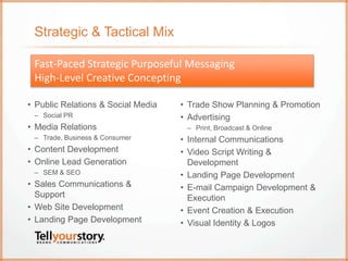Strategic & Tactical Mix
• Public Relations & Social Media
– Social PR
• Media Relations
– Trade, Business & Consumer
• Content Development
• Online Lead Generation
– SEM & SEO
• Sales Communications &
Support
• Web Site Development
• Landing Page Development
• Trade Show Planning & Promotion
• Advertising
– Print, Broadcast & Online
• Internal Communications
• Video Script Writing &
Development
• Landing Page Development
• E-mail Campaign Development &
Execution
• Event Creation & Execution
• Visual Identity & Logos
Fast-Paced Strategic Purposeful Messaging
High-Level Creative Concepting
 
