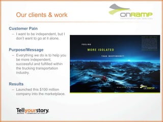 Our clients & work
Customer Pain
– I want to be independent, but I
don’t want to go at it alone.
Purpose/Message
– Everyth...