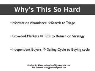 Why’s This So Hard
• Information Abundance aSearch to Triage
• Crowded Markets a ROI to Return on Strategy
• Independent B...